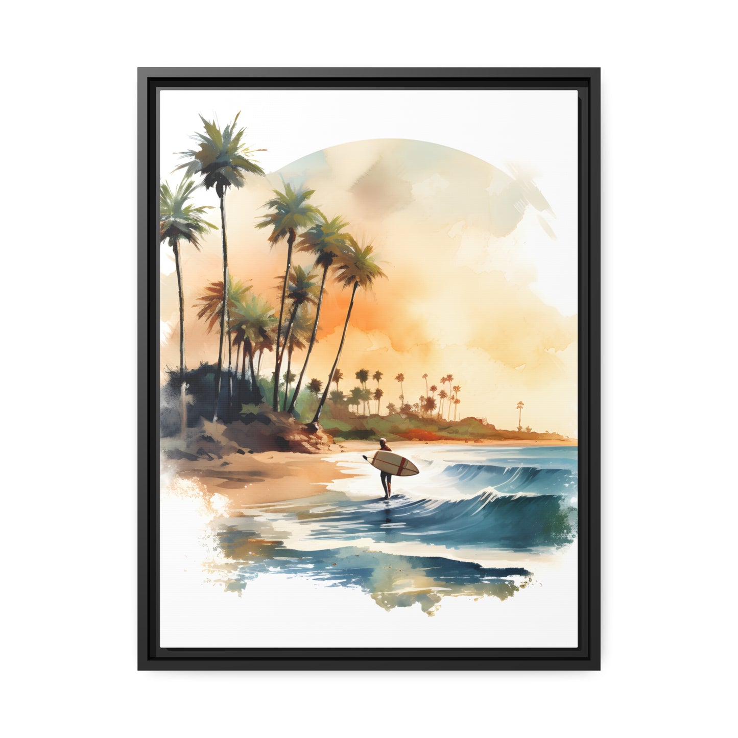 Framed Canvas Lifestyle/Ocean Side Artwork Stunning Watercolor Style Framed Painting Waves Palm Trees Sandy Beach Surfer Searching 