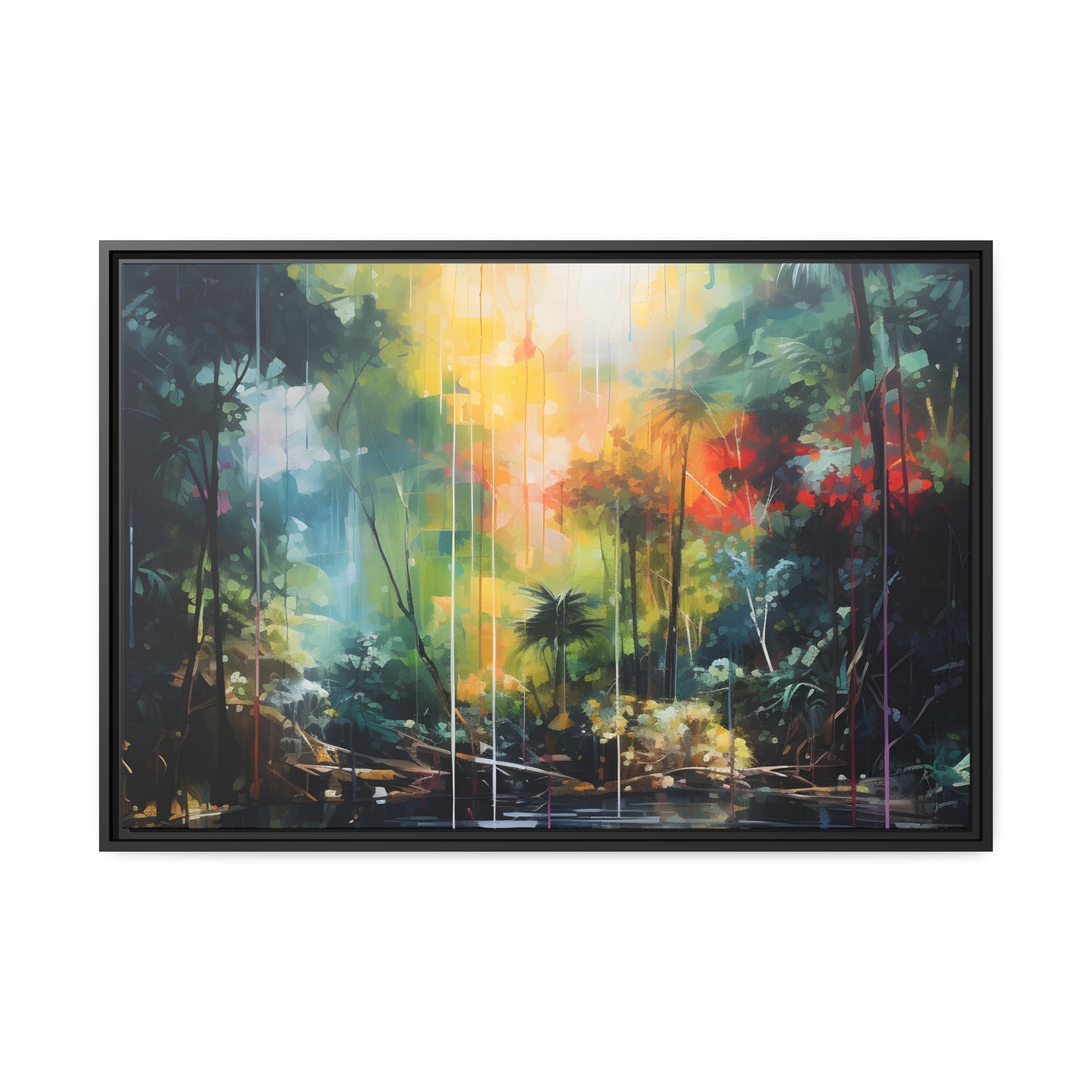 Framed Canvas Abstract Artwork Bright Vibrant Colorful Rainbow Jungle Behind A Pond Oil Painting Style Abstract Art Framed Canvas Nature