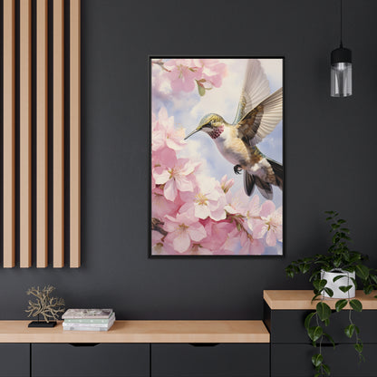 Framed Canvas Artwork Humming Bird Hovering Mid Air While Seeking Out Fresh Honey Amongst The Cherry Blossoms Framed Canvas Artwork