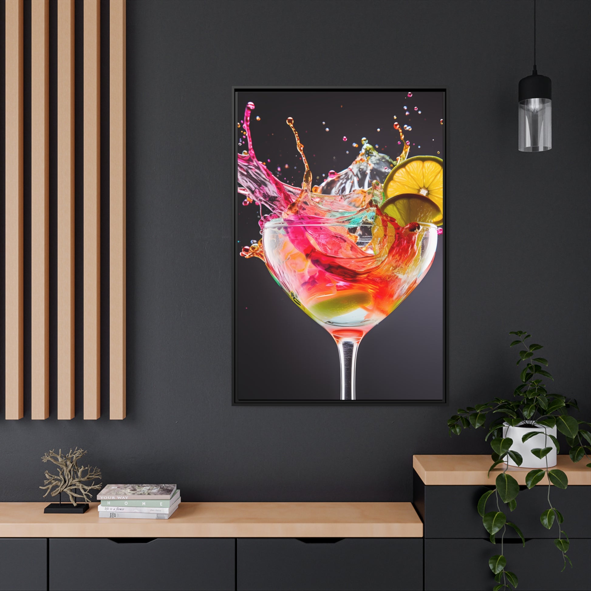 Framed Canvas Artwork Bright Colorful Cocktail Splashing Out Of The Glass Lemon Slices Lining Champagne Glass Vibrant Bright Drink Inside Glass Framed Canvas Painting Alcohol Art