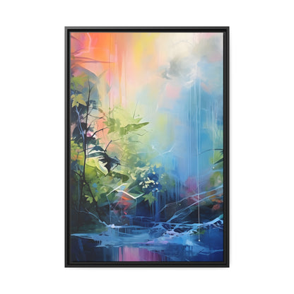 Framed Canvas Abstract Artwork Bright Vibrant Colorful Jungle And Stream Of Water Oil Painting Style Abstract Art Framed Canvas Nature