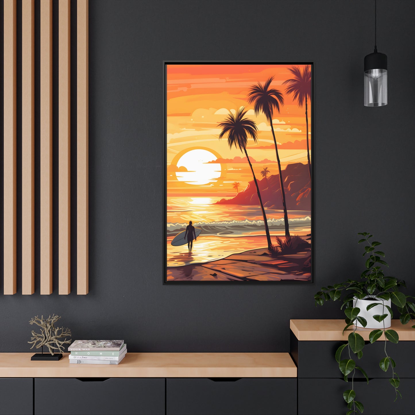 Framed Canvas Artwork Beach Ocean Surfing Warm Sunset Art Surfer Walking Up The Beach Holding Surfboard Palm Tree Silhouettes Sets The Tone Floating Frame Canvas Artwork