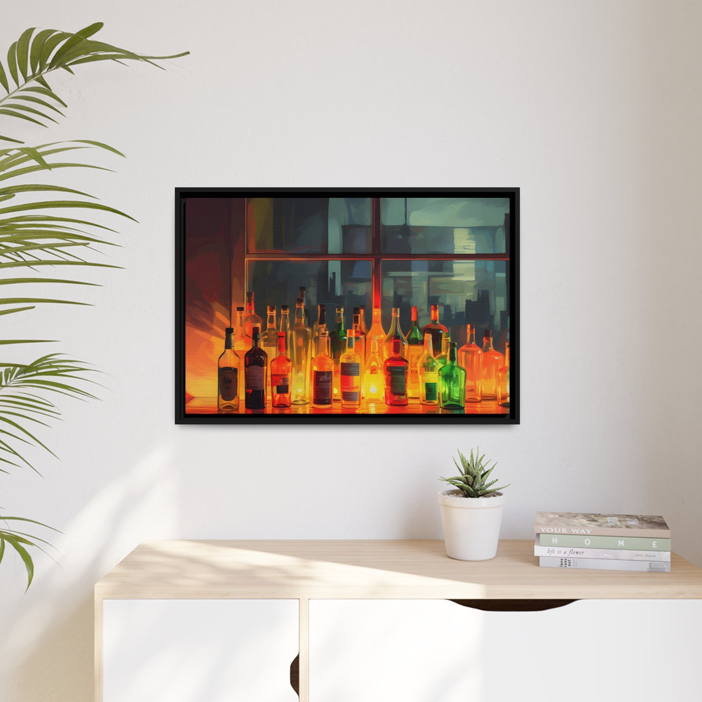 Framed Canvas Artwork Alcohol Bar Night Life Vibrant Colorful Well Lit Bar With Alcohol Bottles Lined UpParty Drinking Lifestyle Floating Frame Canvas 