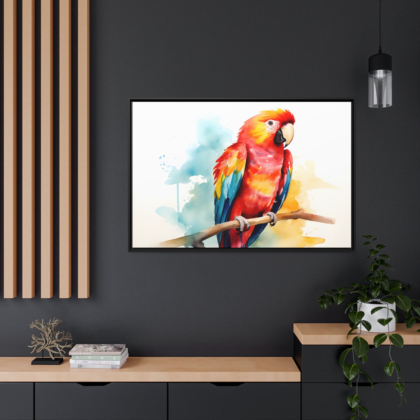 Framed Canvas Artwork Bright Red Parrot With Rainbow Wings Perched On A Tree Branch Nature Influenced Water Color Painting Style