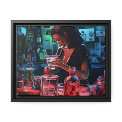 Framed Canvas artwork Japanese Manga Style Bar/Night Life Art Attractive Young Bartender Mixing Drinks In A Busy Neon Lit Bar Framed Canvas Painting Alcohol Art