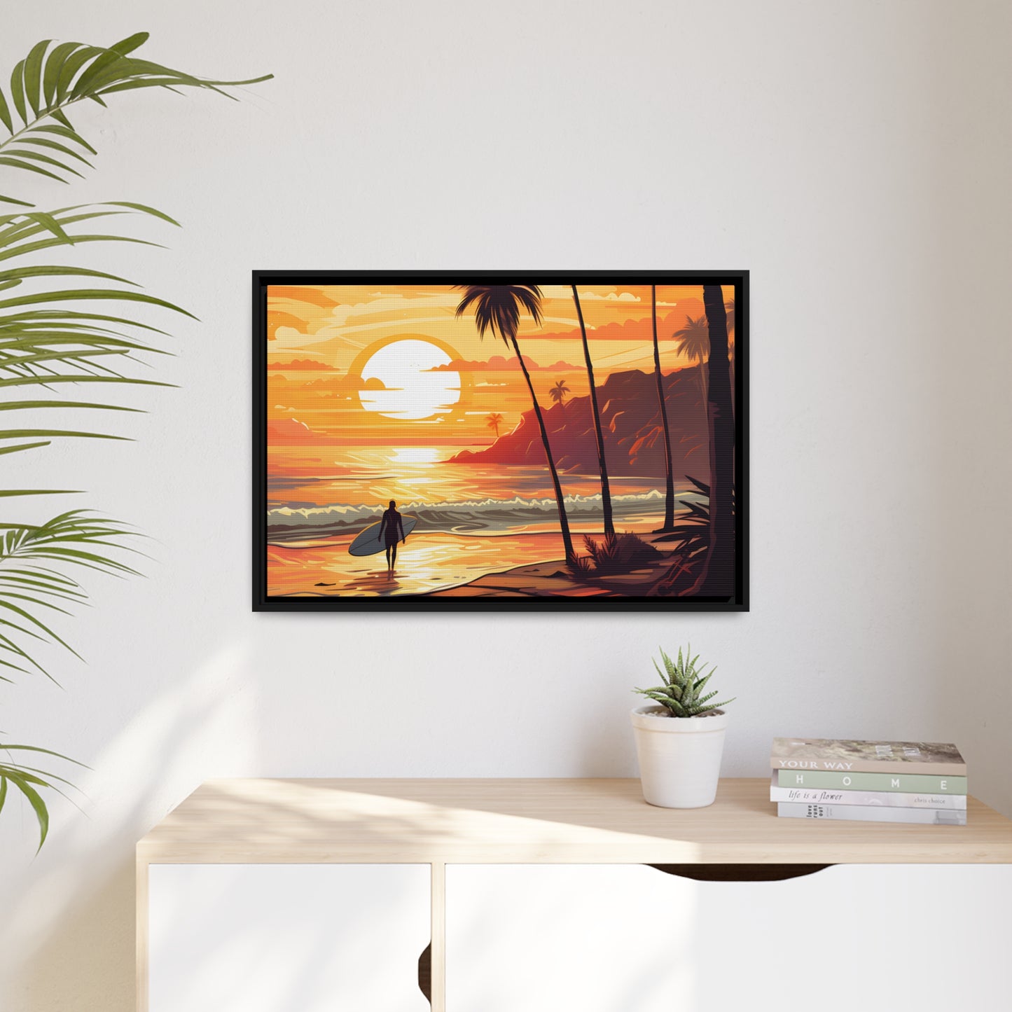 Framed Canvas Artwork Beach Ocean Surfing Warm Sunset Art Surfer Walking Up The Beach Holding Surfboard Palm Tree Silhouettes Sets The Tone Floating Frame Canvas Artwork