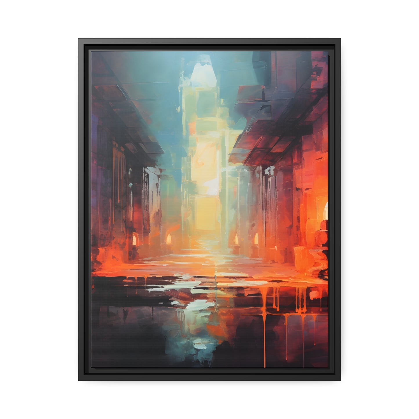 Framed Canvas Abstract artwork Vibrant Art Framed Oil Painting Style Stone Surroundings Lit By Candle Light Overall Ancient Feel Surrounded By Stone Abstract Art