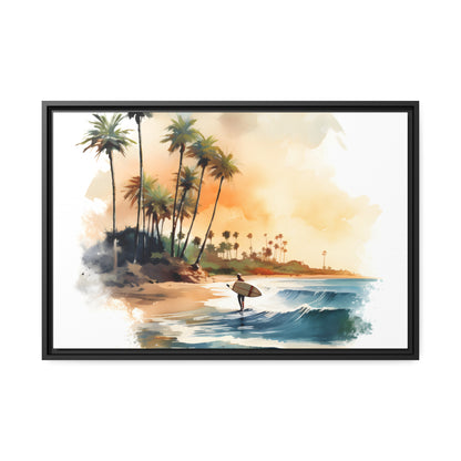 Framed Canvas Lifestyle/Ocean Side Artwork Stunning Watercolor Style Framed Painting Waves Surfer Surfing