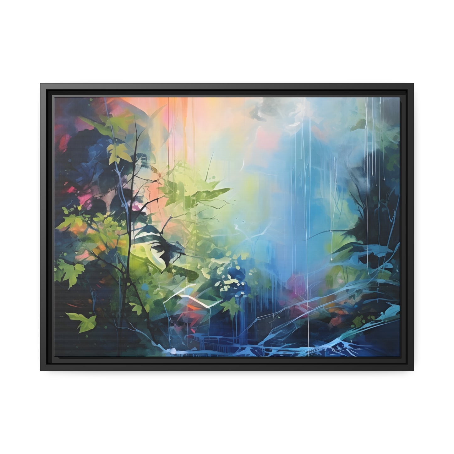 Framed Canvas Abstract Artwork Bright Vibrant Colorful Jungle And Stream Of Water Oil Painting Style Abstract Art Framed Canvas Nature