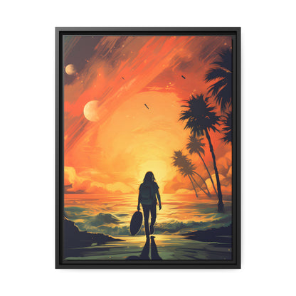 Framed Canvas Artwork Beach Ocean Surfing Warm Suns Set Art Surfer Walking Down To The Beach Holding Surfboard Palm Tree Silhouettes Sets The Tone Floating Frame Canvas Artwork