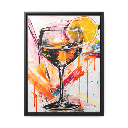 Framed Canvas artwork Bar/Night Life Art Bright Vibrant Neon Splashes Surrounding A Champagne Glass Full Of Alcohol And A Slice Of Lemon On White Background Framed Canvas Painting Alcohol Art Close Up 