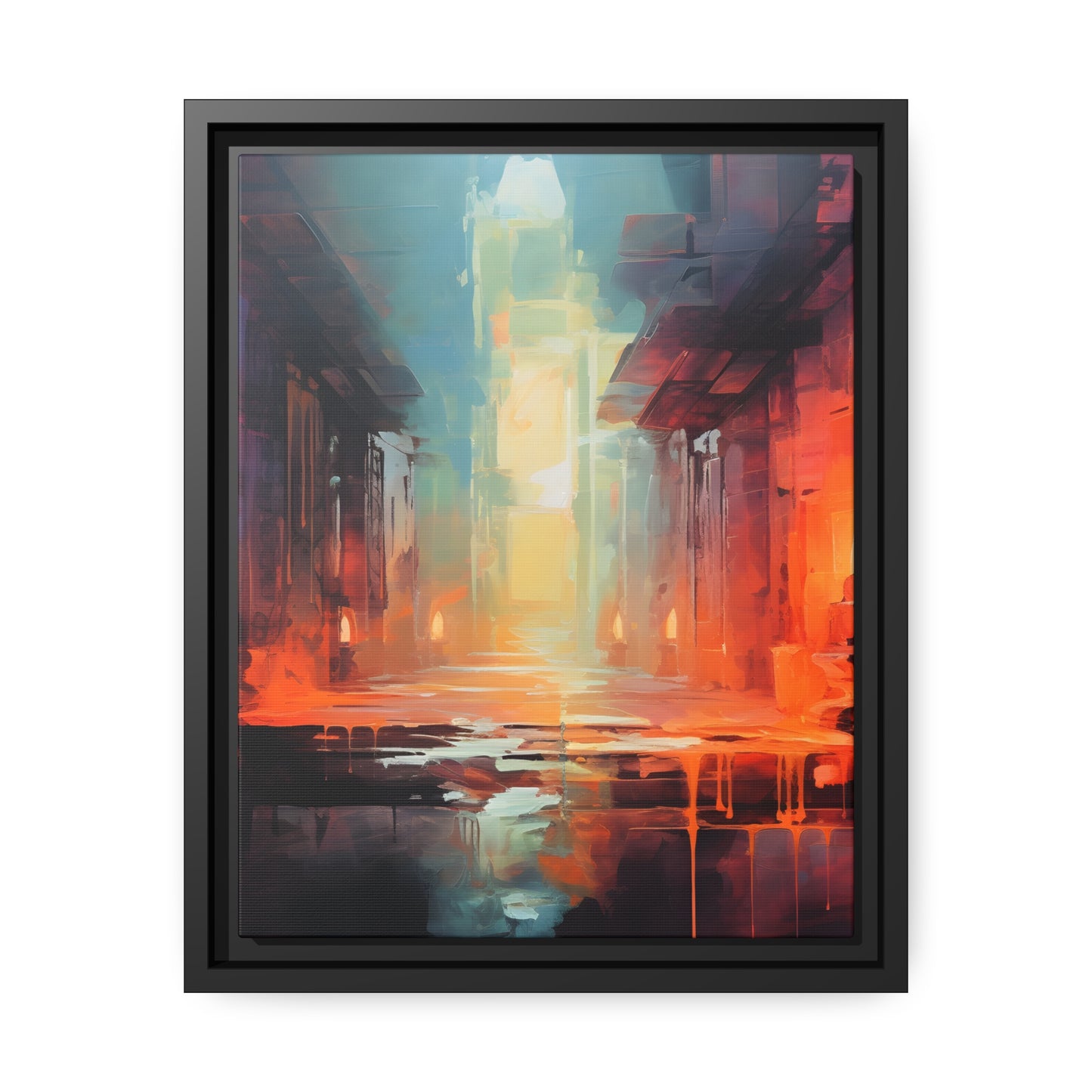 Framed Canvas Abstract artwork Vibrant Art Framed Oil Painting Style Stone Surroundings Lit By Candle Light Overall Ancient Feel Surrounded By Stone Abstract Art