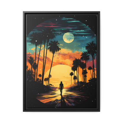 Framed Canvas Lifestyle/Ocean Side Artwork Dark Sunset Palm Tree Silhouettes Line The Pathway Large Sun Setting In Line With Perspective Moon Lit Star Filled Night Sky Floating Canvas Framed Artwork