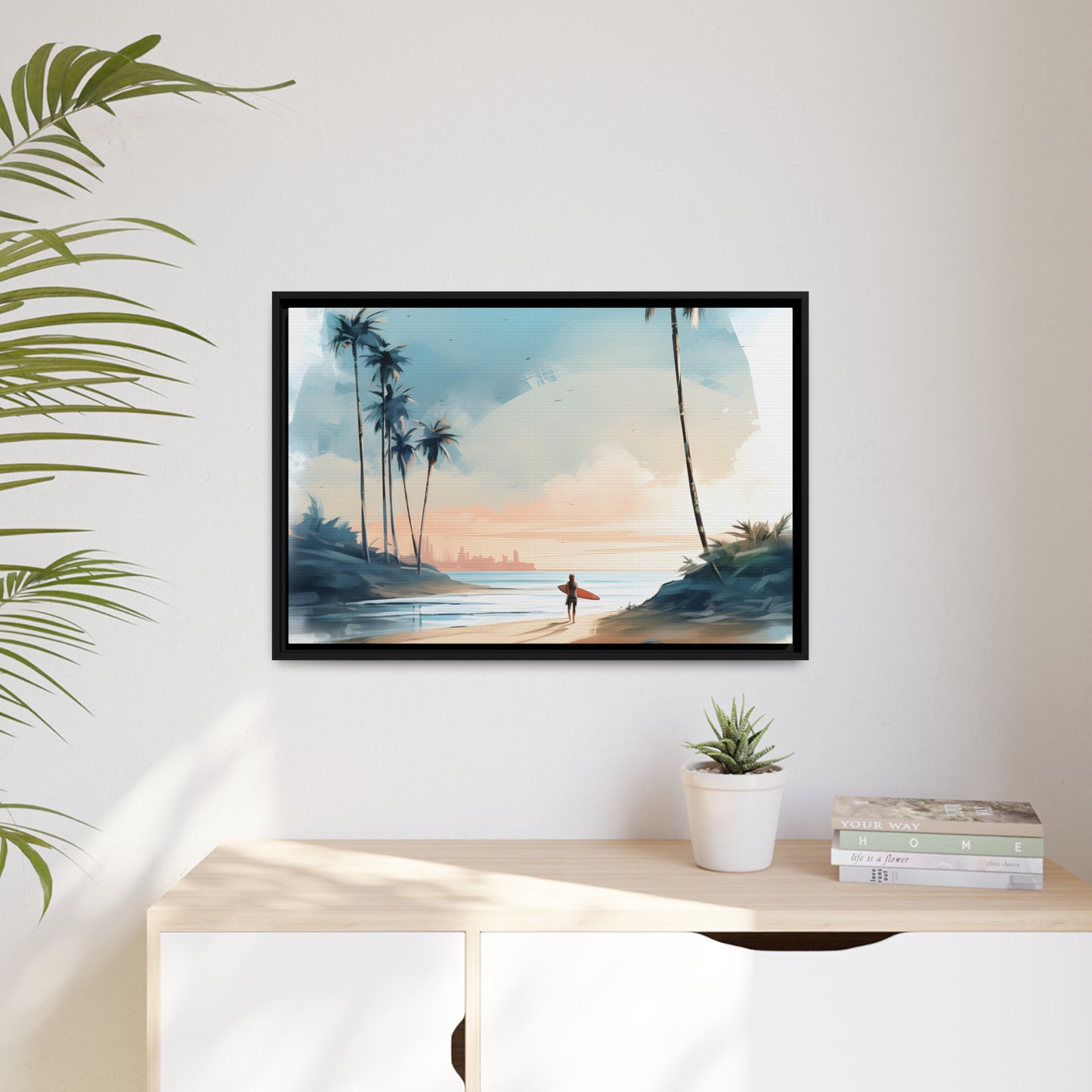 Framed Canvas Artwork Beach Ocean Surfing Warm Sun Set Art Surfer On Beach Holding Surfboard And Palm Tree Silhouettes Water Color Style City In Background Impressive Beach Scene Floating Frame Canvas Artwork