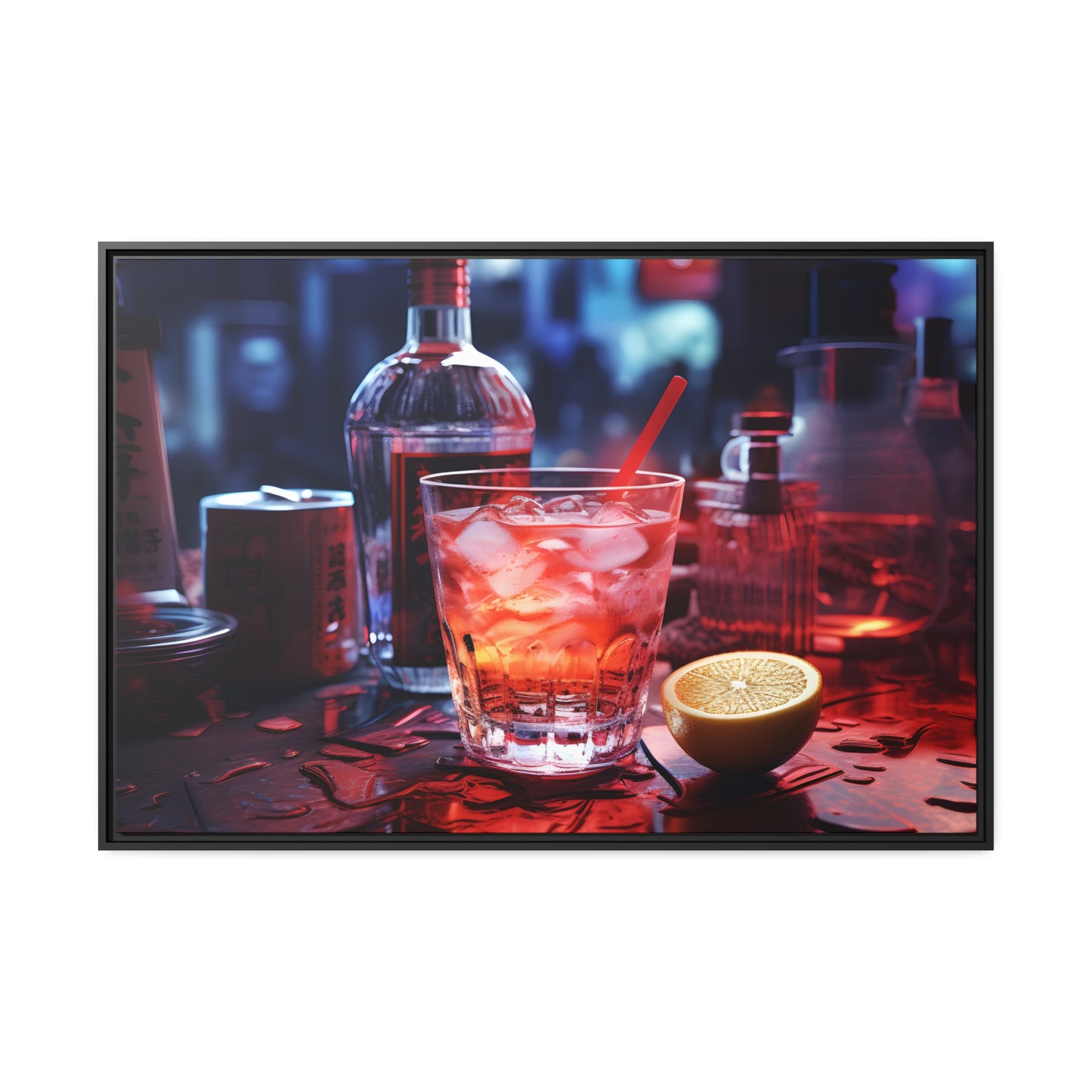 Framed Canvas Artwork Alcohol And Night Life Bar Art Floating Frame Canvas Neon Light Bar Artwork