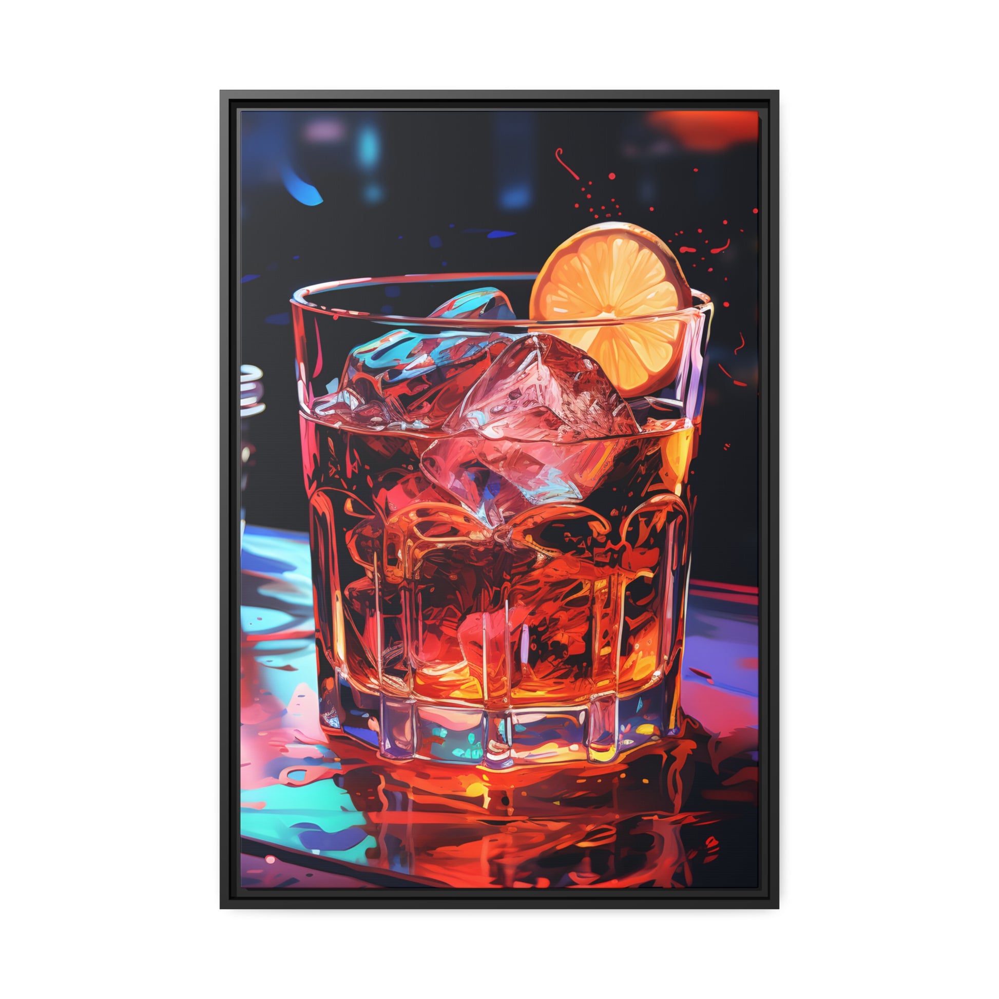 Framed Canvas Artwork Alcohol And Night Life Bar Art Alcoholic Drink With Ice And Lemon Slice Floating Frame Canvas Neon Light Bar Artwork