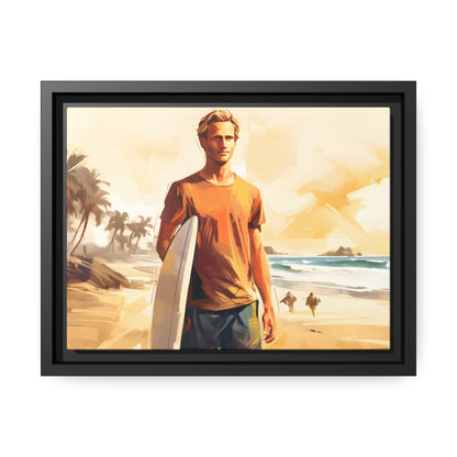 Framed Canvas Artwork Beach Ocean Surfing Art Surfer Walking Up The Beach With Surfboard Floating Frame Canvas Artwork