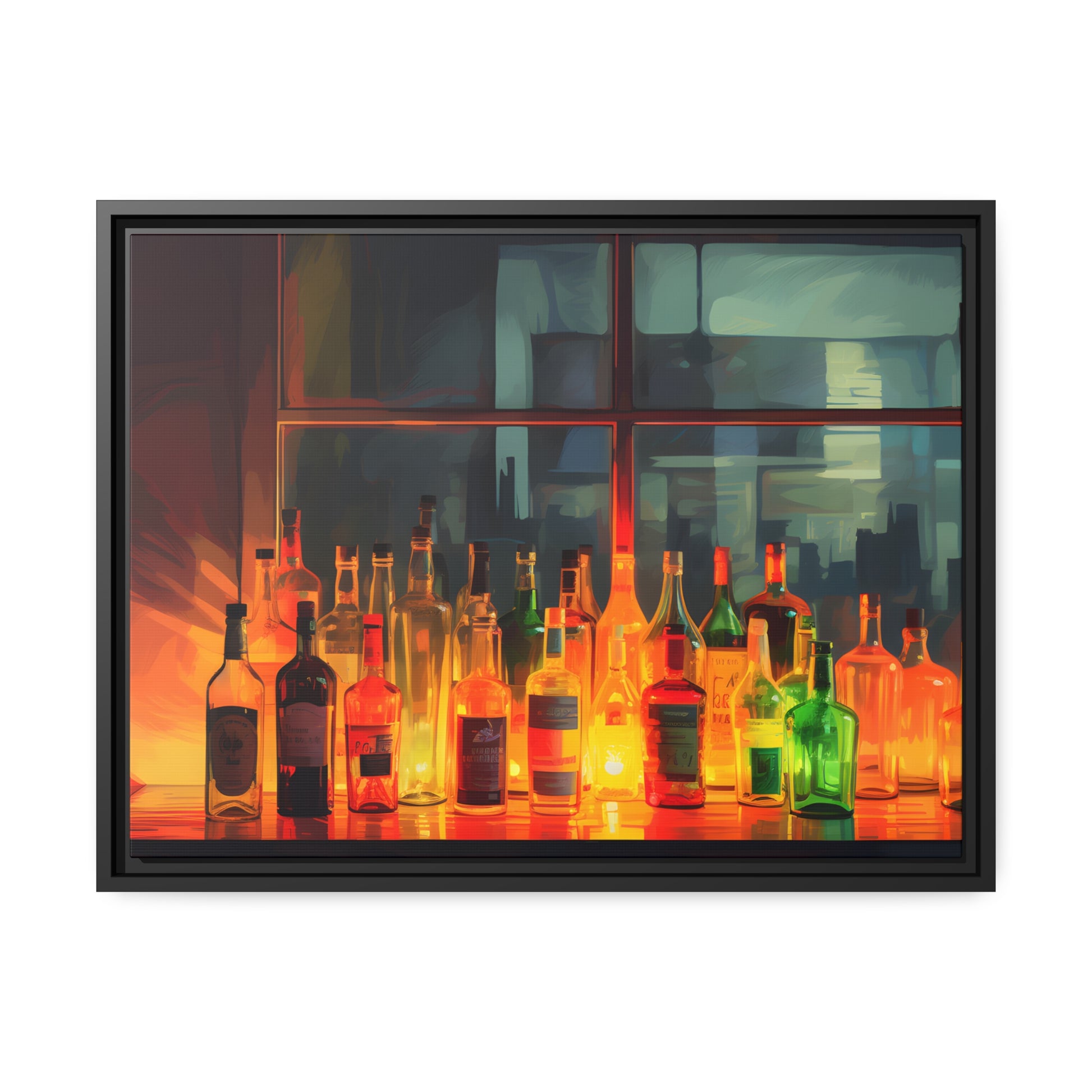 Framed Canvas Artwork Alcohol Bar Night Life Vibrant Colorful Well Lit Bar With Alcohol Bottles Lined UpParty Drinking Lifestyle Floating Frame Canvas 