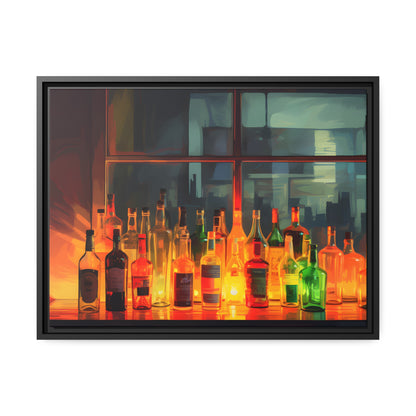 Framed Canvas Artwork Alcohol Bar Night Life Vibrant Colorful Well Lit Bar With Alcohol Bottles Lined UpParty Drinking Lifestyle Floating Frame Canvas 