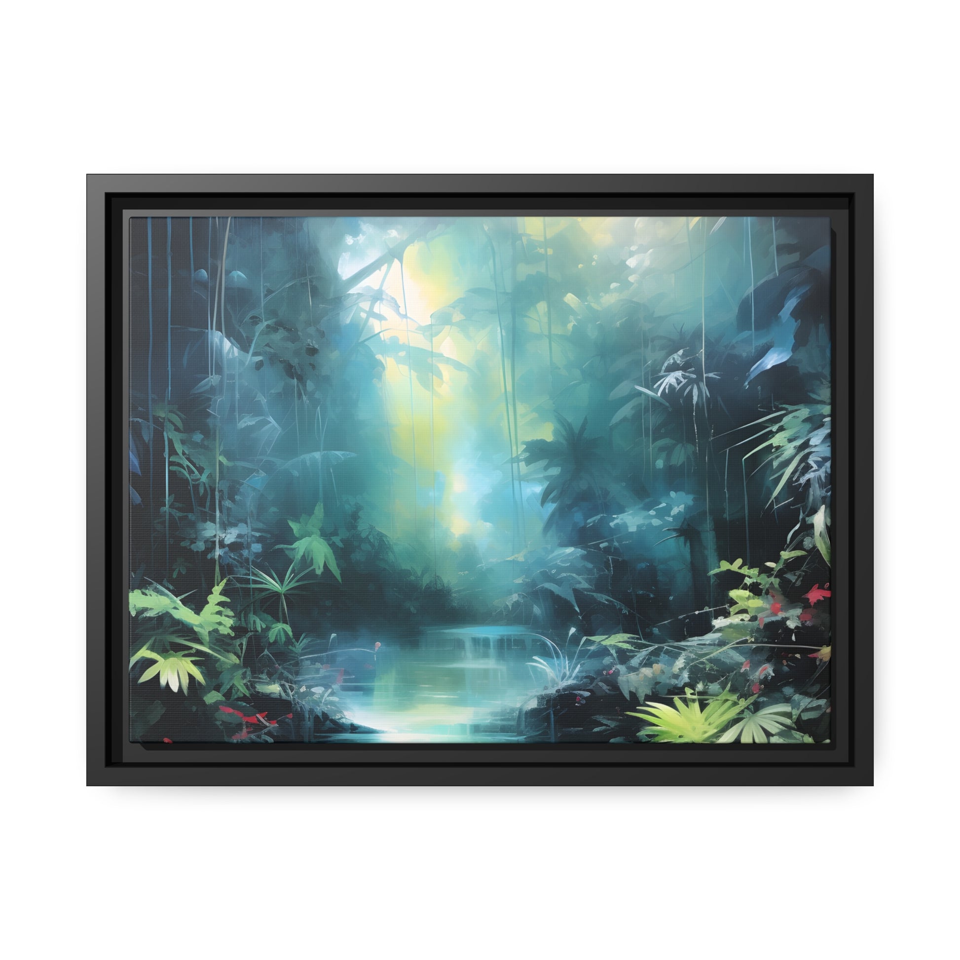 Framed Canvas Abstract Artwork Dense Misty Jungle And Stream Of Water Oil Painting Style Abstract Art Natural Conversation Starter Framed Canvas Nature