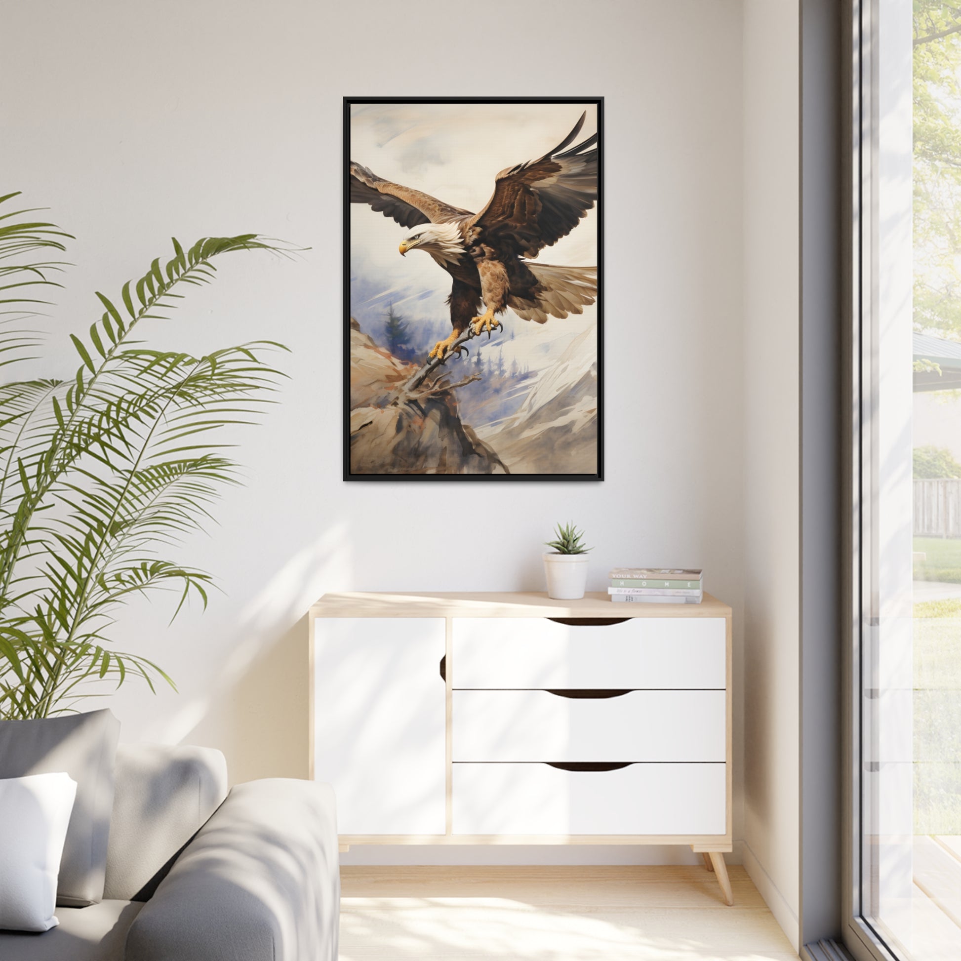 Framed Canvas Artwork Strong Soaring Bald Eagle Snowy Mountains Detailed Painting