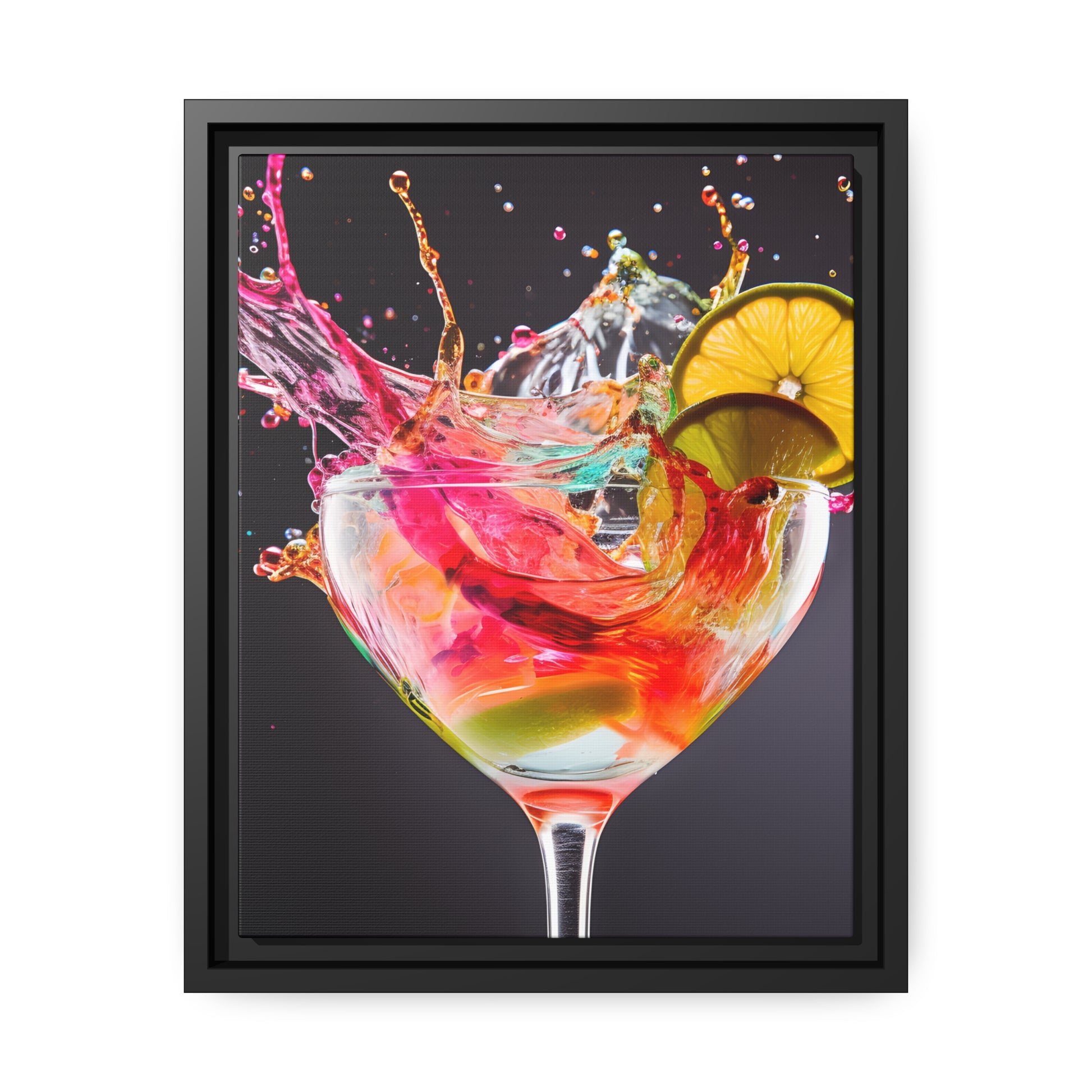 Framed Canvas artwork Bright Colorful Cocktail Splashing Out Of The Glass Framed Canvas Painting Alcohol Art