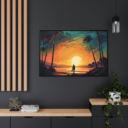 Framed Canvas Lifestyle/Ocean Side Artwork Smooth Ocean Water Dark Sunset Palm Tree Silhouettes Line The Pathway Large Sun Setting In Line With Perspective Moon Lit Star Filled Night Sky Floating Canvas Framed Artwork