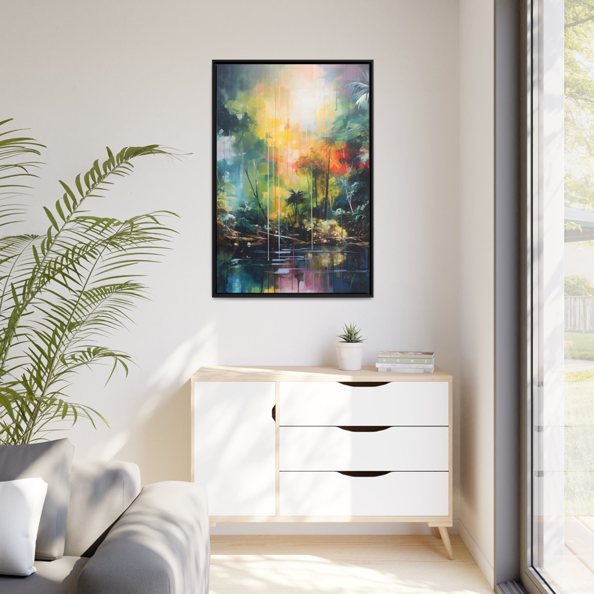 Framed Canvas Abstract Artwork Bright Vibrant Colorful Rainbow Jungle Behind A Pond Oil Painting Style Abstract Art Framed Canvas Nature