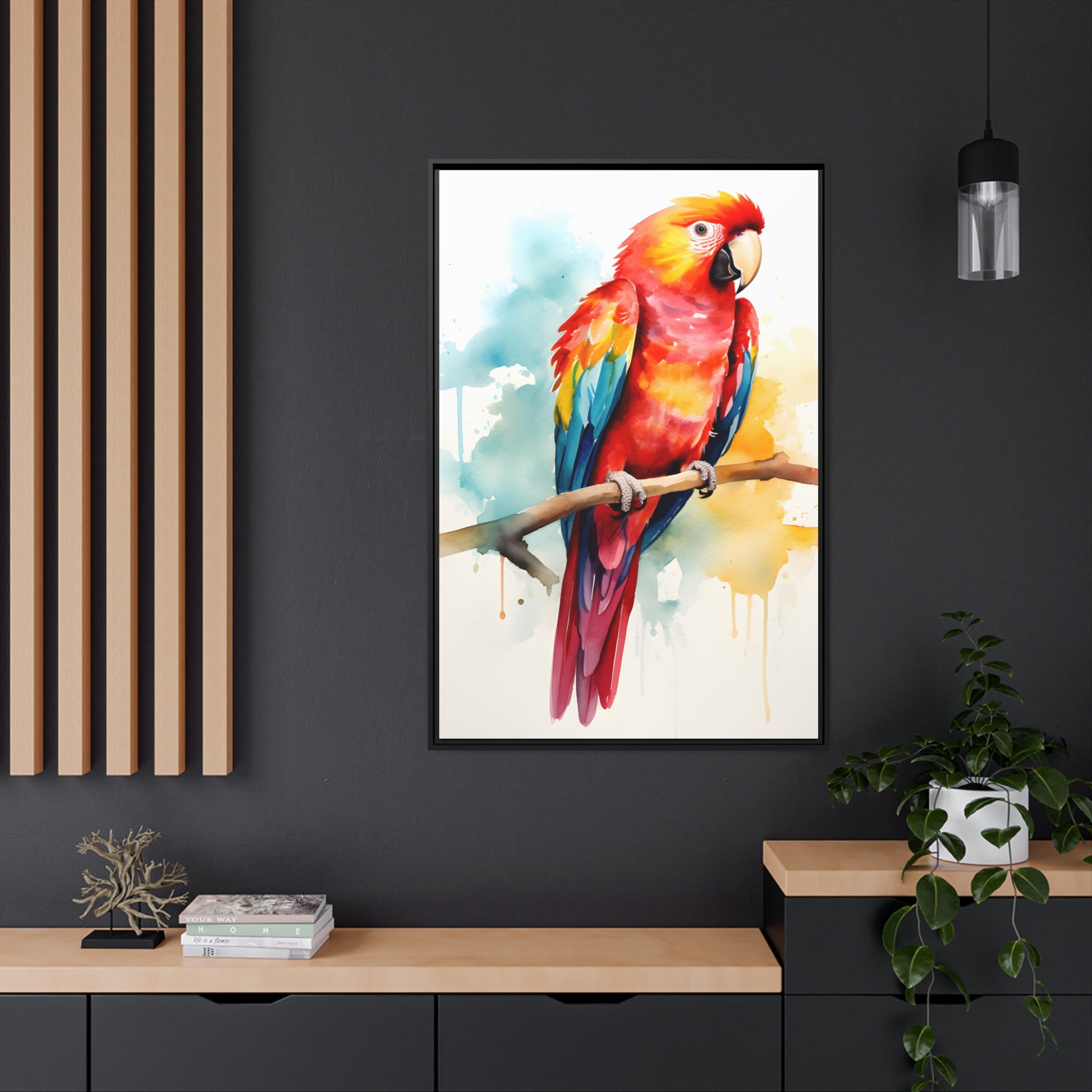 Framed Canvas Artwork Bright Red Parrot With Rainbow Wings Perched On A Tree Branch Nature Influenced Water Color Painting Style