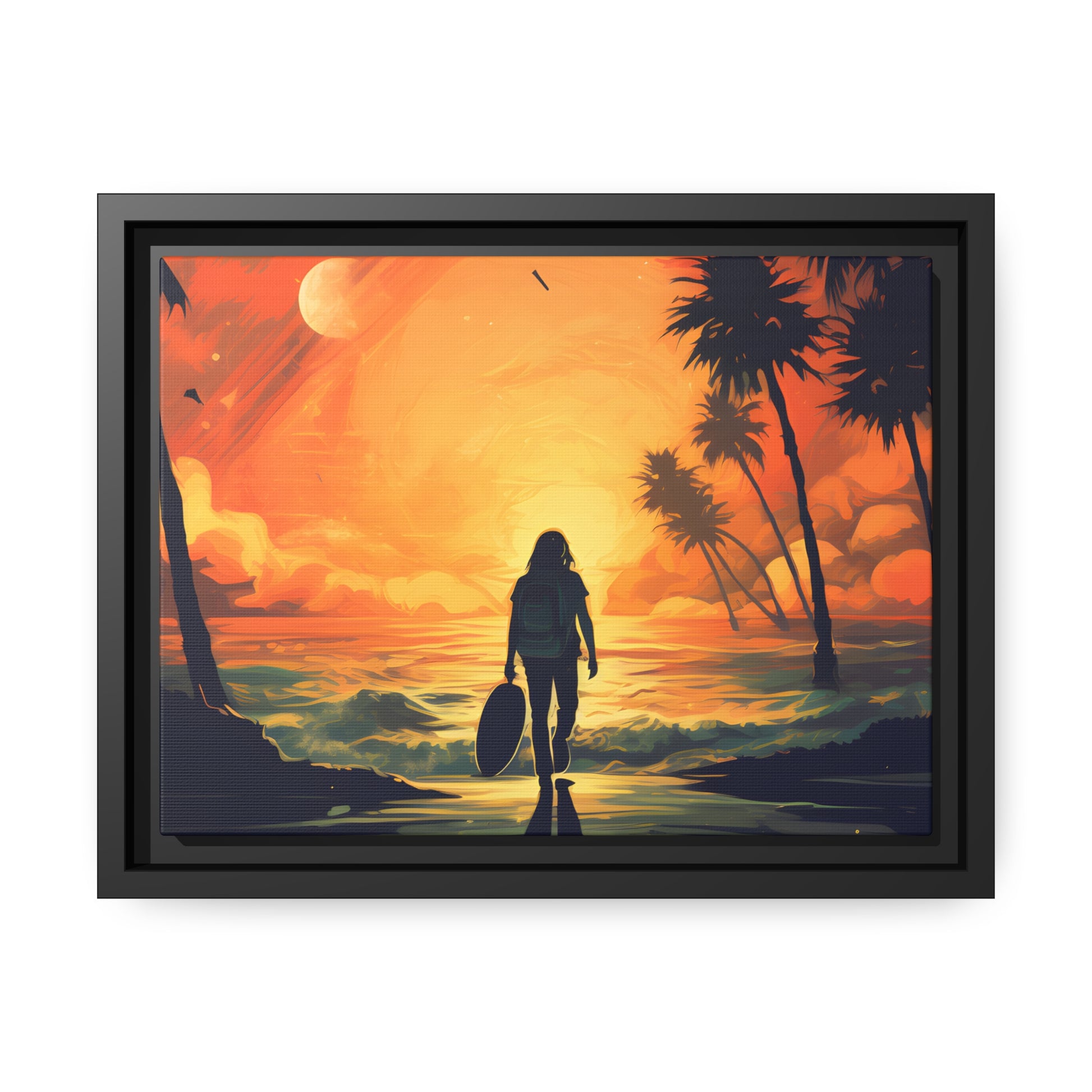 Framed Canvas Artwork Beach Ocean Surfing Warm Suns Set Art Surfer Walking Down To The Beach Holding Surfboard Palm Tree Silhouettes Sets The Tone Floating Frame Canvas Artwork