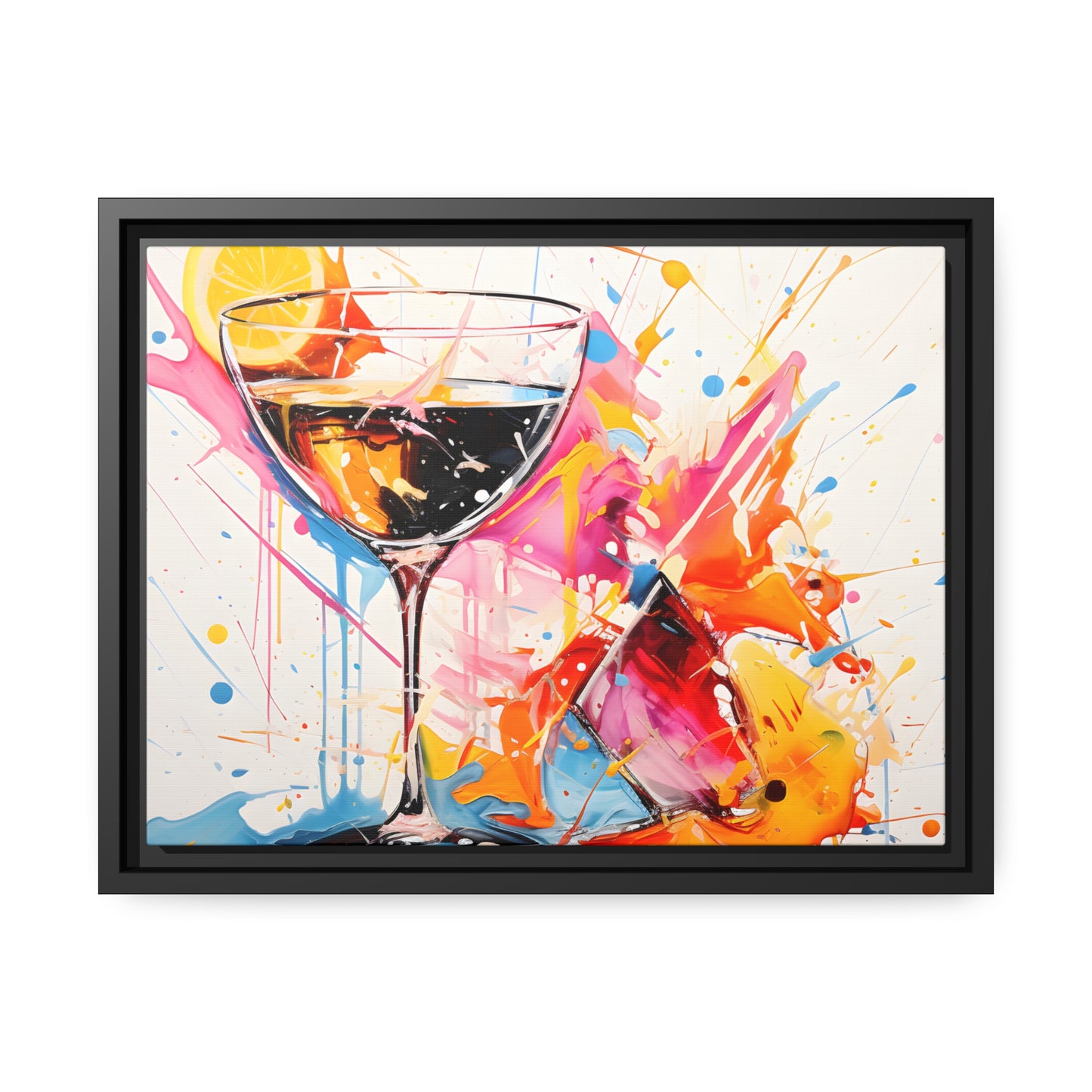 Framed Canvas Artwork Bright Vibrant Splashes Of Color Over A White Background Surrounding A Glass Of Liqour Alcohol Lemon Slice Floating Frame Canvas Artwork