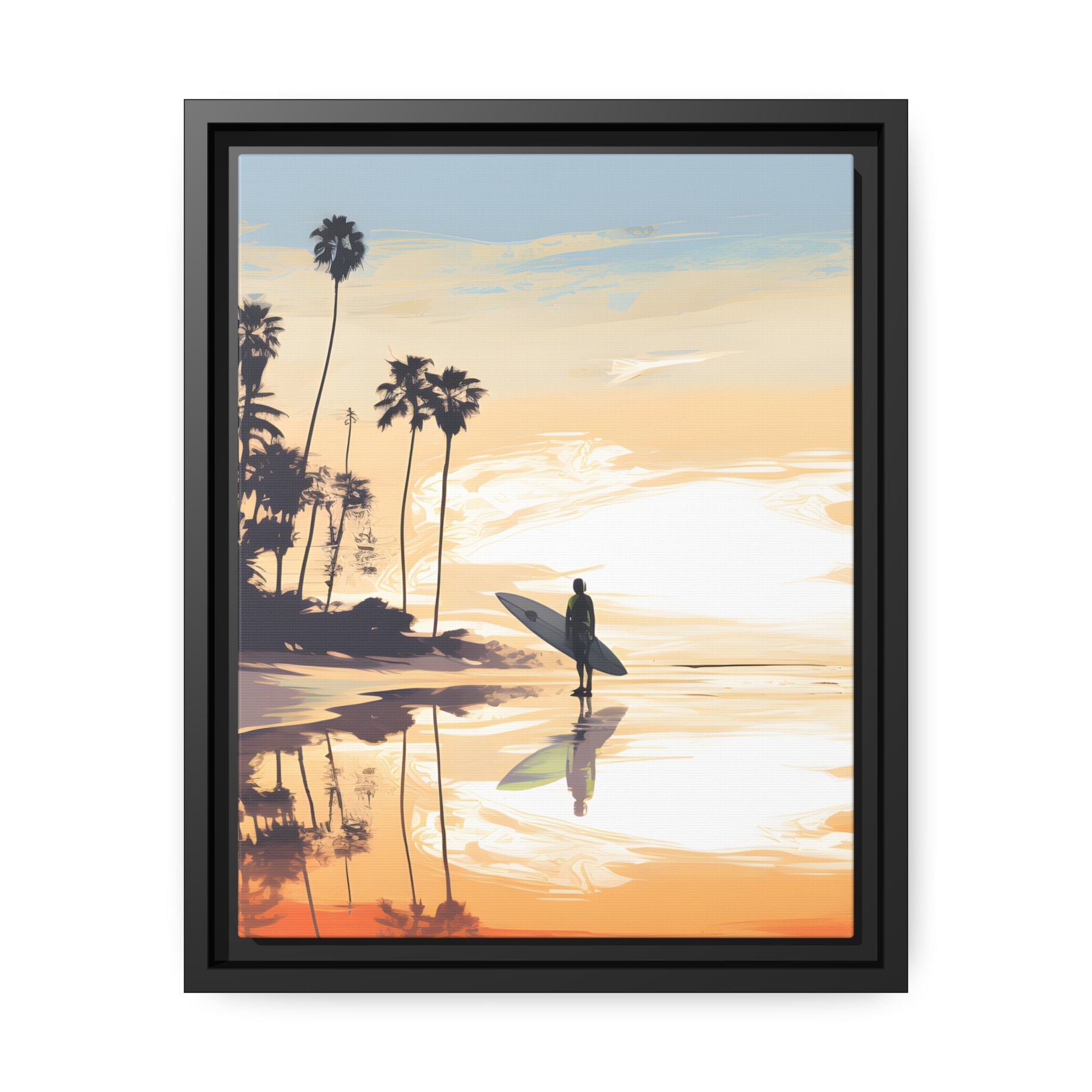 Framed Canvas Artwork Beach Ocean Surfing Warm Sun Set Art Surfer On Beach Holding Surfboard And Palm Tree Silhouettes Floating Frame Canvas Artwork