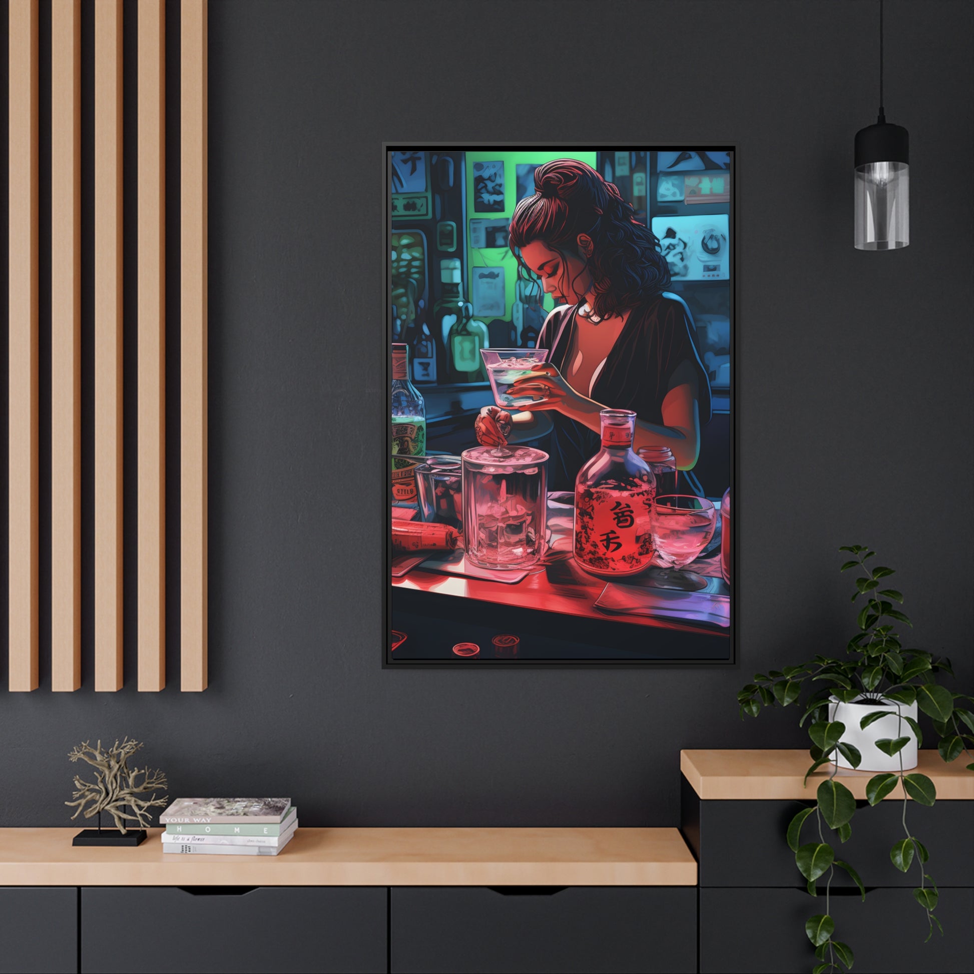 Framed Canvas artwork Japanese Manga Style Bar/Night Life Art Attractive Young Bartender Mixing Drinks In A Busy Neon Lit Bar Framed Canvas Painting Alcohol Art