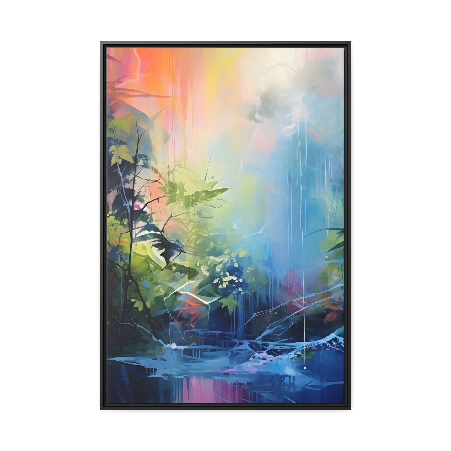 Framed Canvas Abstract Artwork Bright Vibrant Colorful Jungle And Stream Of Water Oil Painting Style Abstract Art Framed Canvas Nature