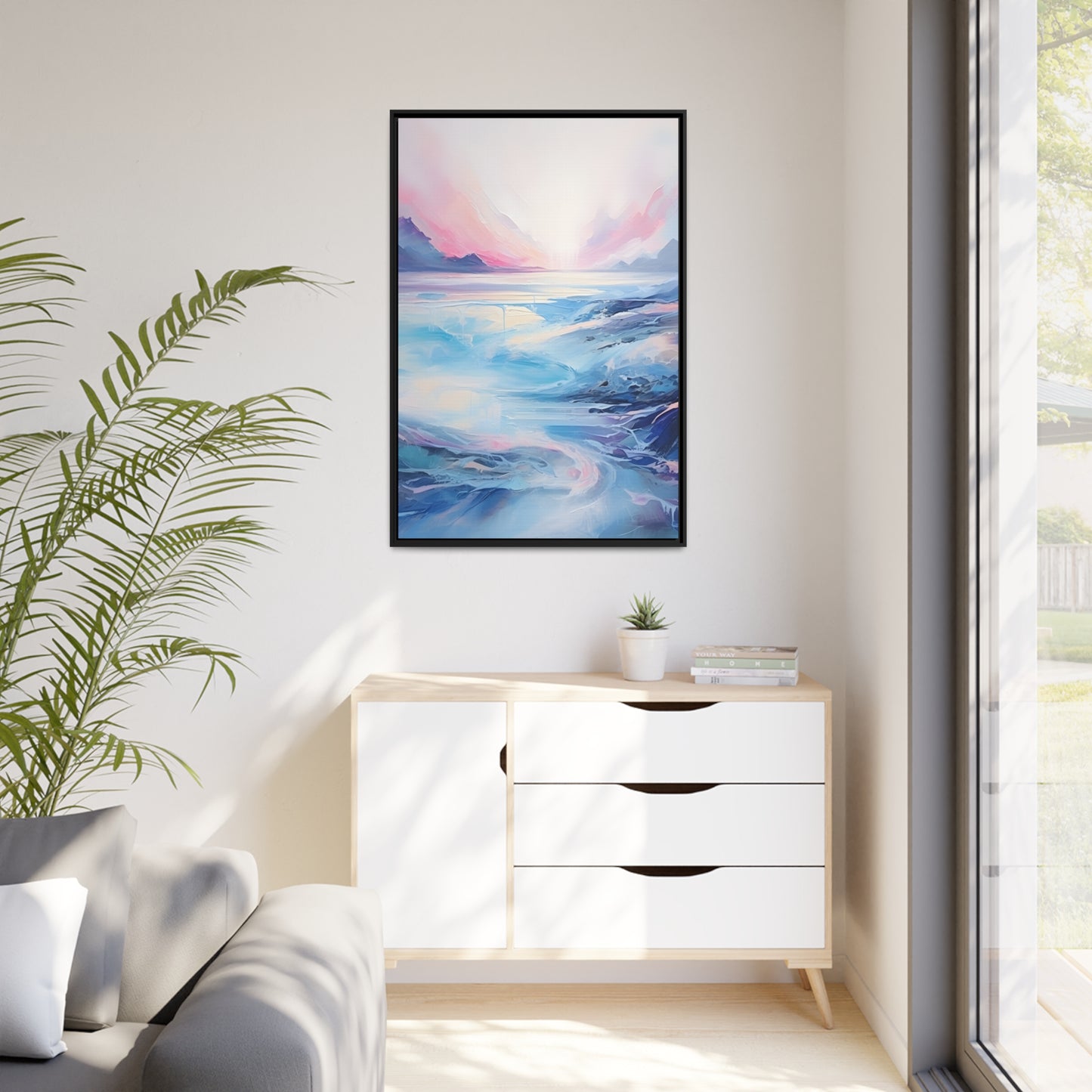 Soothing Calm Heartwarming Framed Canvas Artwork Sunset Over An Angry Blue Ocean 