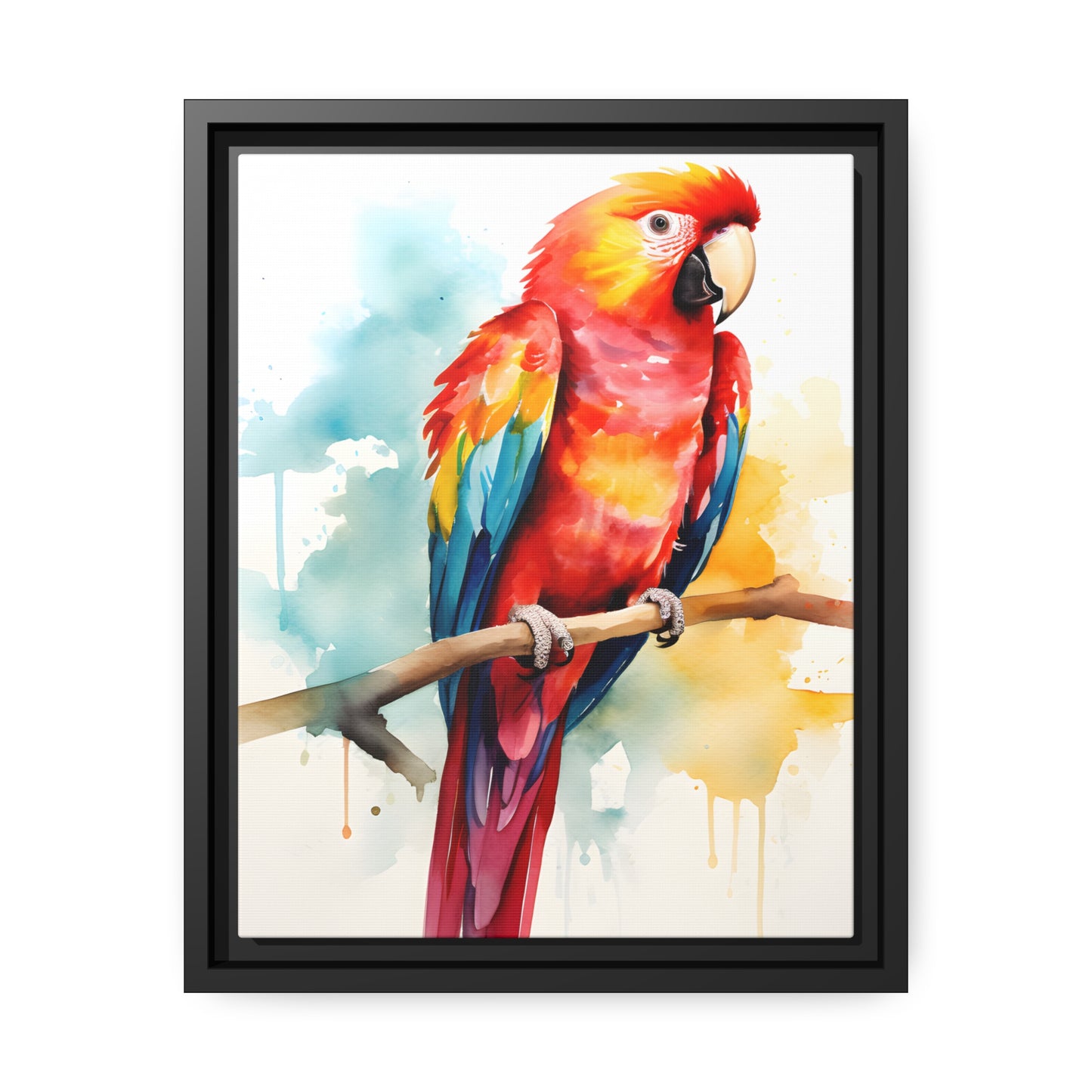 Framed Canvas Artwork Bright Red Parrot With Rainbow Wings Perched On A Tree Branch Nature Influenced Water Color Painting Style