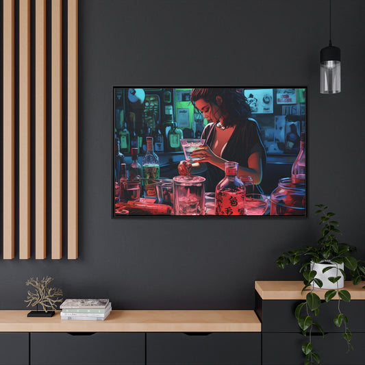 Framed Canvas artwork Japanese Manga Style Bar/Night Life Art Attractive Young Bartender Mixing Drinks In A Busy Neon Lit Bar Framed Canvas Painting Alcohol Art