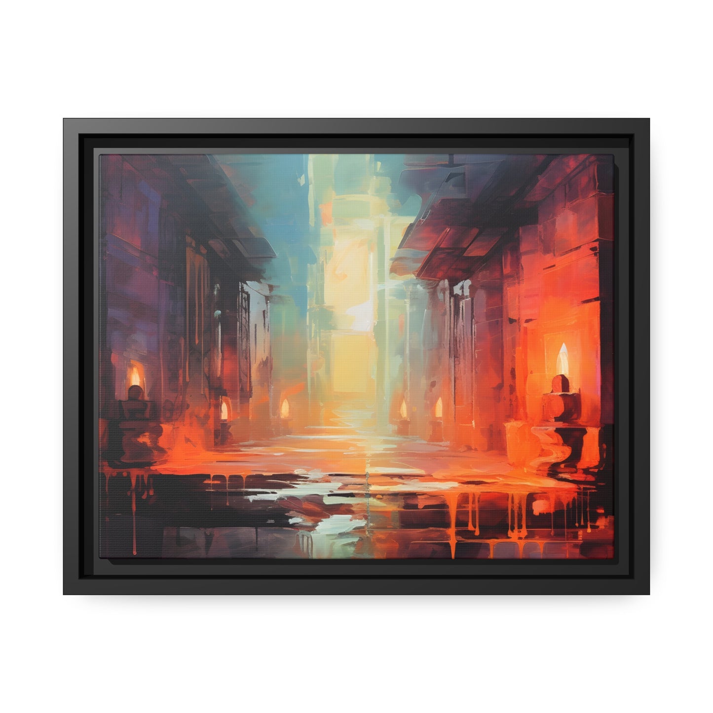 Framed Canvas Abstract artwork Vibrant Art Framed Oil Painting Style Stone Surroundings Lit By Candle Light Overall Ancient Feel Surrounded By Stone Abstract Art