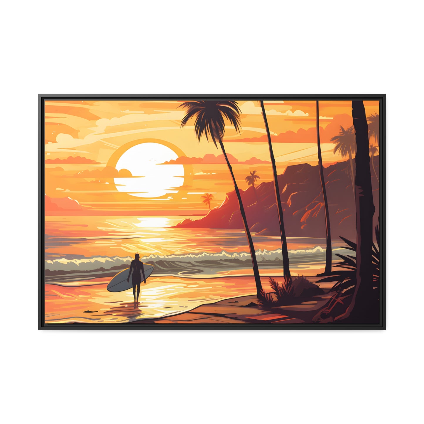 Framed Canvas Artwork Beach Ocean Surfing Warm Sunset Art Surfer Walking Up The Beach Holding Surfboard Palm Tree Silhouettes Sets The Tone Floating Frame Canvas Artwork