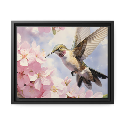 Framed Canvas Artwork Humming Bird Hovering Mid Air While Seeking Out Fresh Honey Amongst The Cherry Blossoms Framed Canvas Artwork