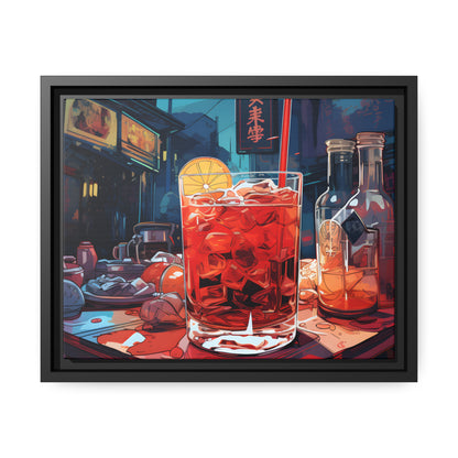 Framed Canvas Artwork Japanese Manga Style Alcohol And Night Life Bar Art Alcoholic Drink With Ice And Lemon Slice Floating Frame Canvas Neon Light Bar Artwork