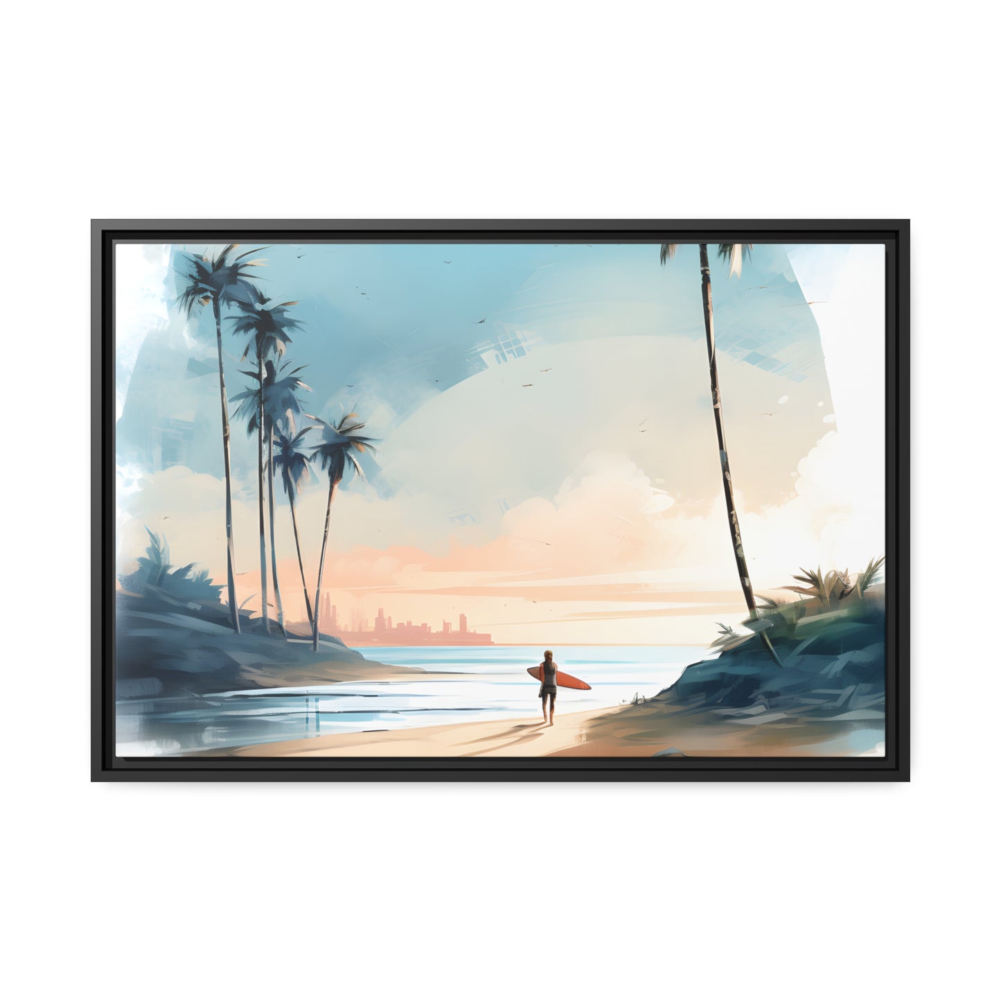 Framed Canvas Artwork Beach Ocean Surfing Warm Sun Set Art Surfer On Beach Holding Surfboard And Palm Tree Silhouettes Water Color Style City In Background Impressive Beach Scene Floating Frame Canvas Artwork