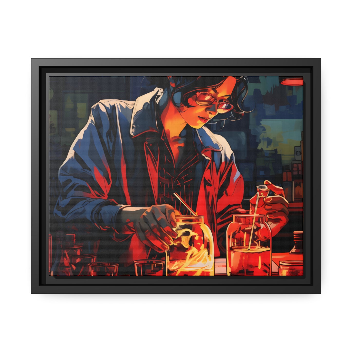 Framed Canvas artwork Bar/Night Life Art Attractive Bartender Mixing Drinks In A Neon Lit Bar Framed Canvas Painting Alcohol Art