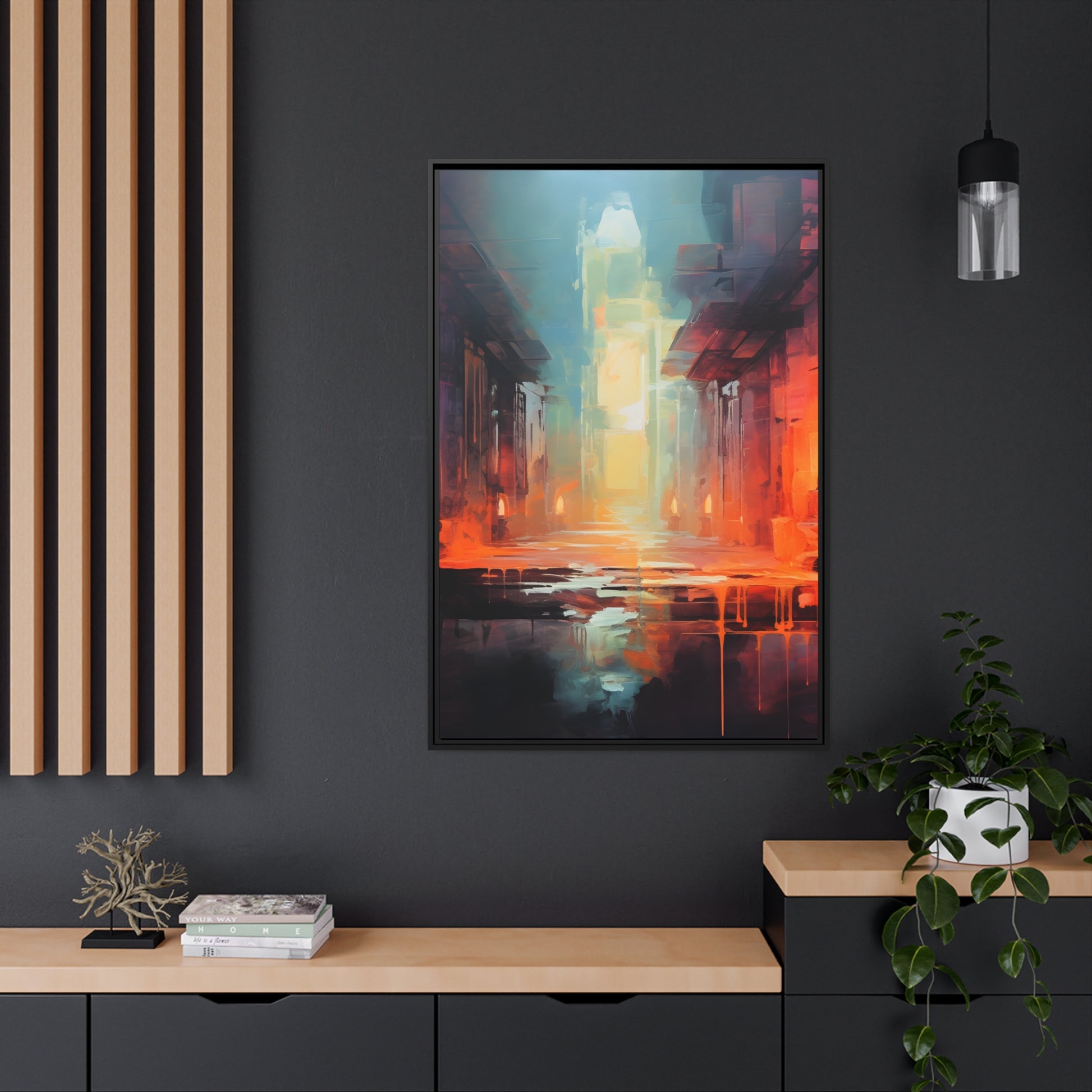 Framed Canvas Abstract artwork Vibrant Art Framed Oil Painting Style Stone Surroundings Lit By Candle Light Overall Ancient Feel Surrounded By Stone Abstract Art