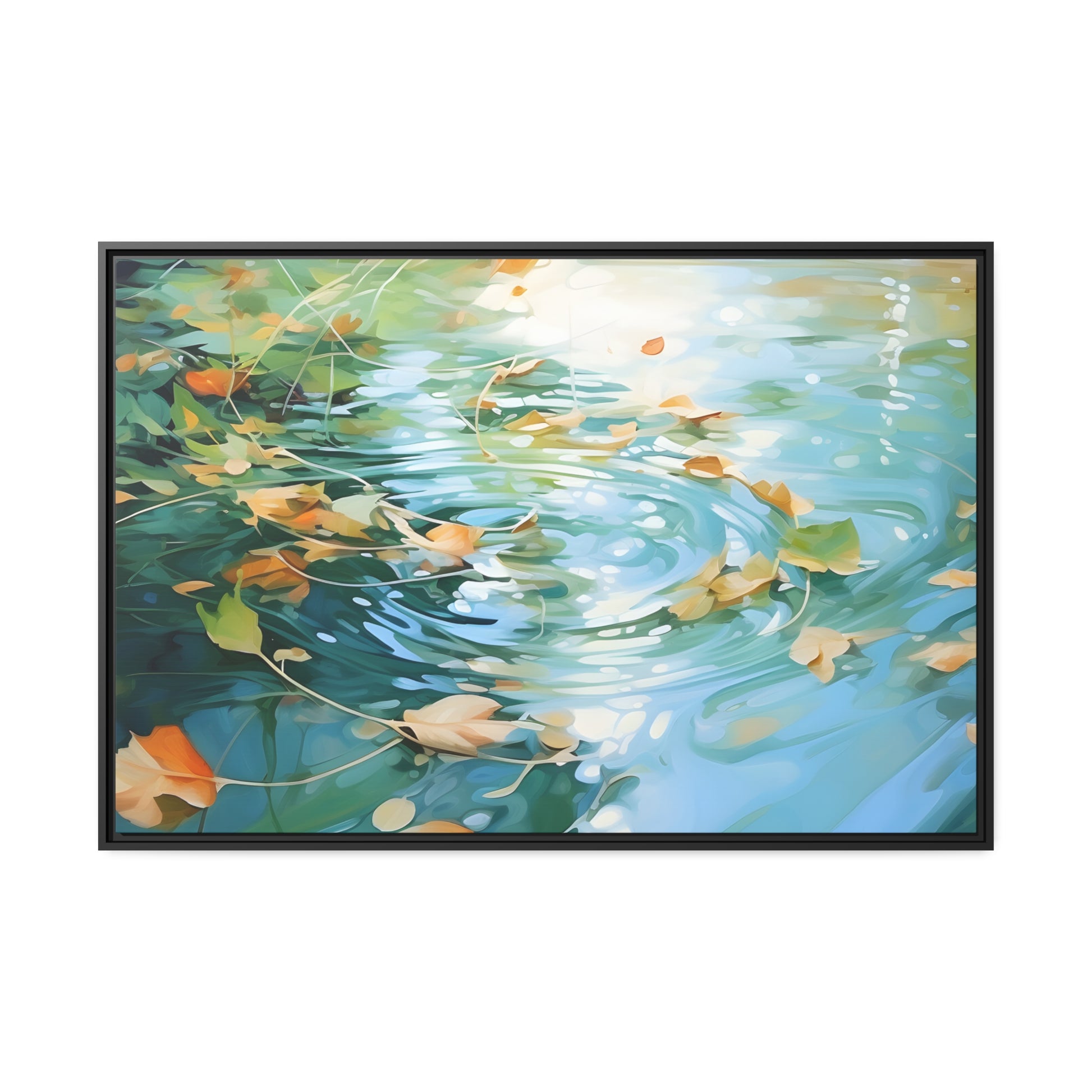 Green Reflective Pond Brown Leafy Windy Weather Framed Canvas Floating Canvas Abstract Art