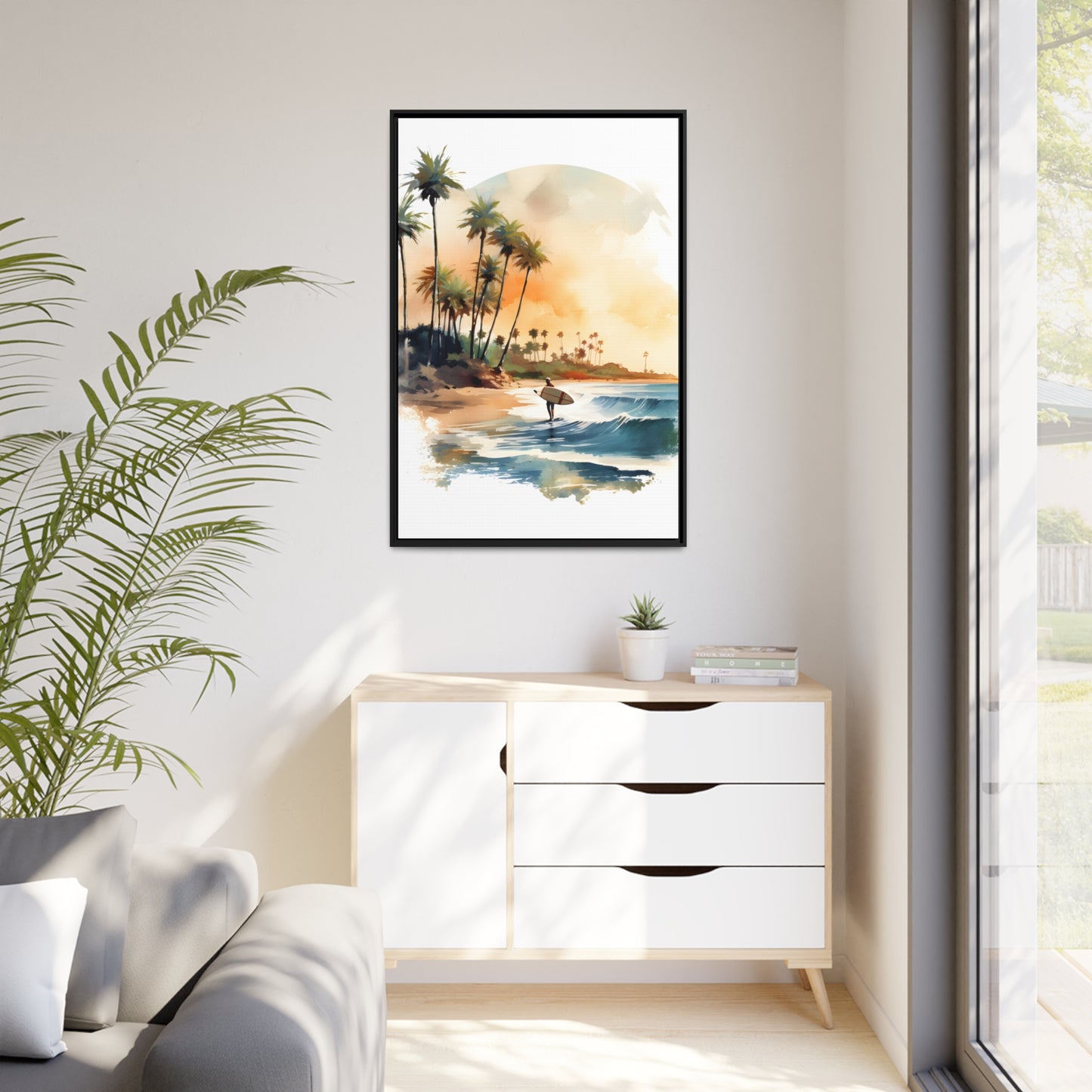 Framed Canvas Lifestyle/Ocean Side Artwork Stunning Watercolor Style Framed Painting Waves Palm Trees Sandy Beach Surfer Searching 