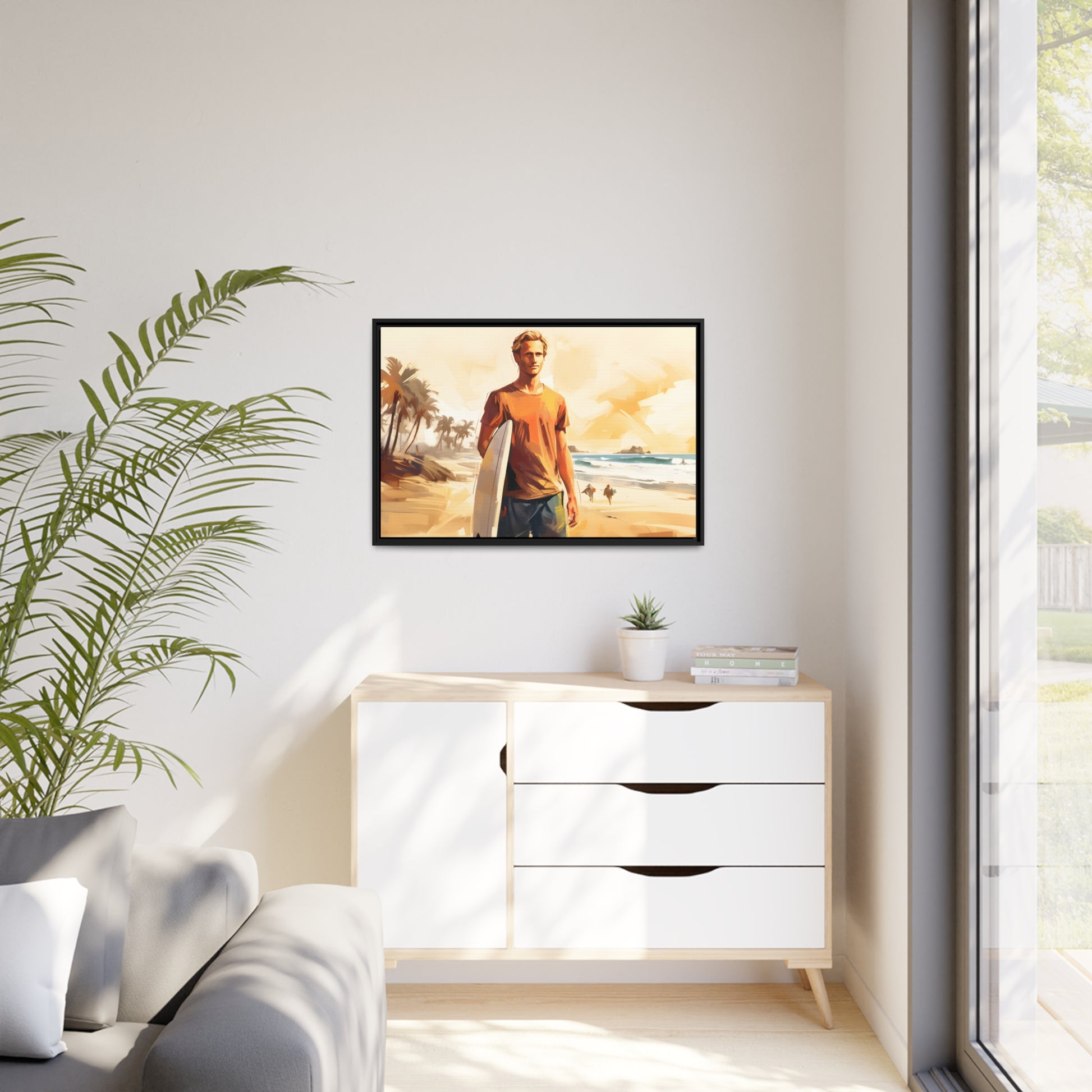 Framed Canvas Artwork Beach Ocean Surfing Art Surfer Walking Up The Beach With Surfboard Floating Frame Canvas Artwork