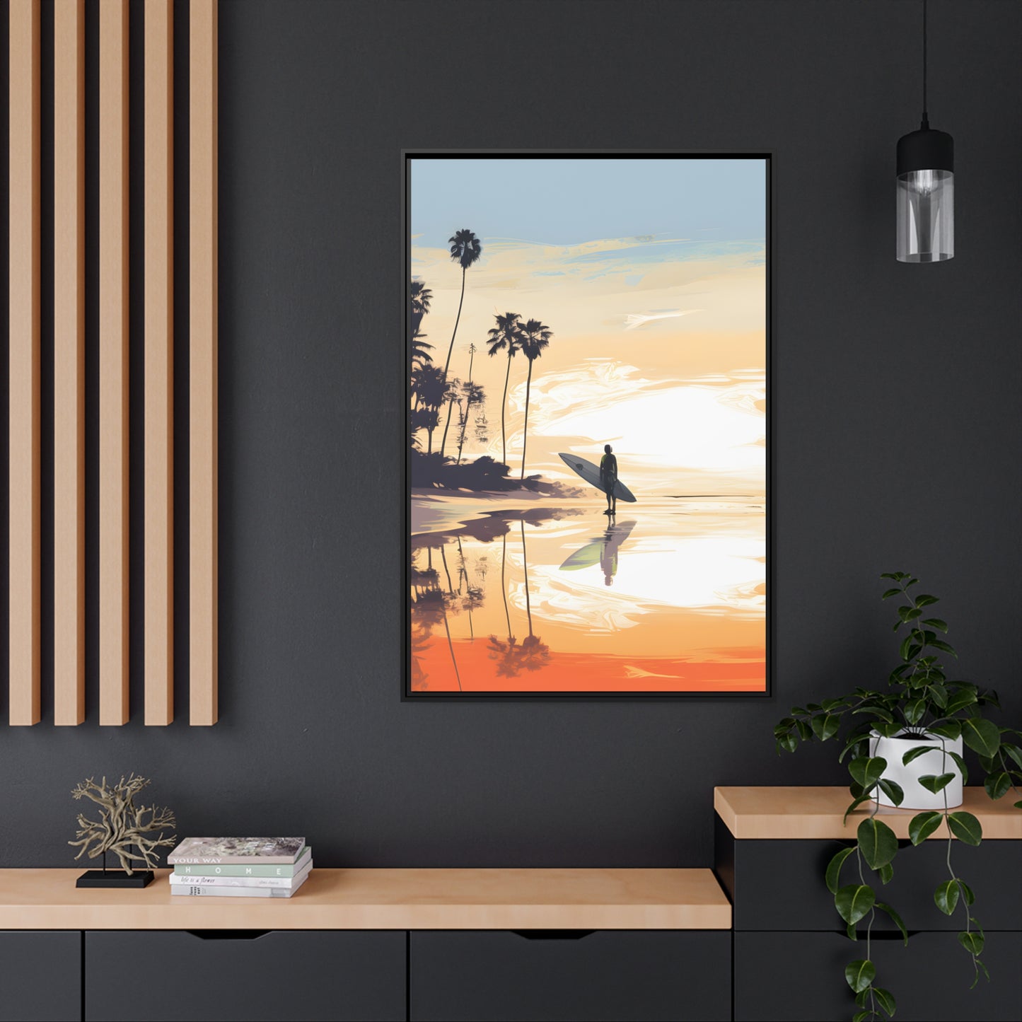 Framed Canvas Artwork Beach Ocean Surfing Warm Sun Set Art Surfer On Beach Holding Surfboard And Palm Tree Silhouettes Floating Frame Canvas Artwork