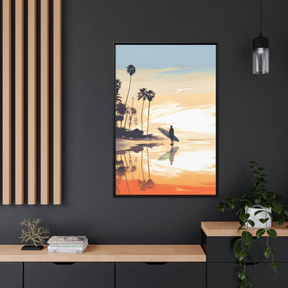 Framed Canvas Artwork Beach Ocean Surfing Warm Sun Set Art Surfer On Beach Holding Surfboard And Palm Tree Silhouettes Floating Frame Canvas Artwork