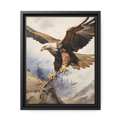 Framed Canvas Artwork Strong Soaring Bald Eagle Snowy Mountains Detailed Painting